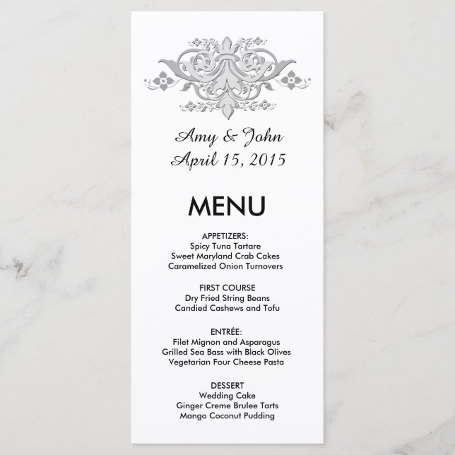 Argent gris damask menu de mariage personnalisé da (Devant)