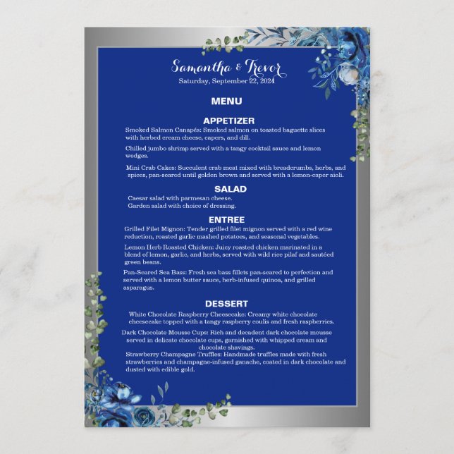 Argent Lustré, Rêves d'Azur Bleu Menu de Dîner (Devant)