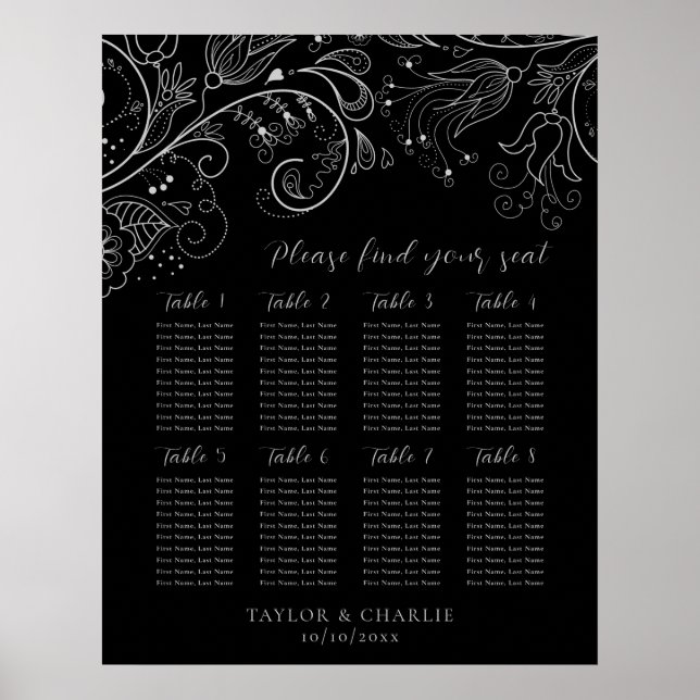 Argent Noir Floral Mariage 8 tables Tableau de siè (Devant)