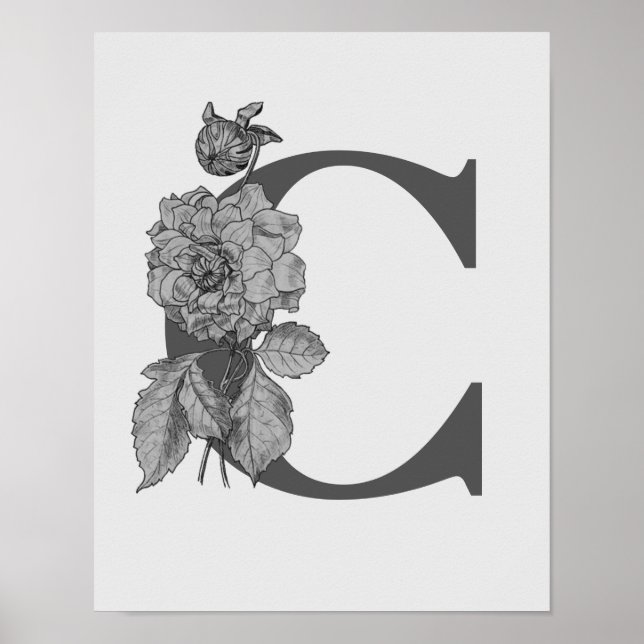 Argent Peony Elegant Monogramme Initial C Poster (Devant)
