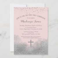 Argent rose Première Communion Invitation Filles