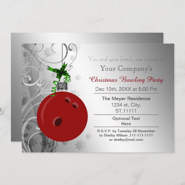 argent rouge Festive Corporate Bowling Invitation (Devant / Derrière)