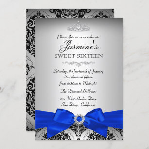 Argent & Royal Blue Damask Sweet 16 Invitation