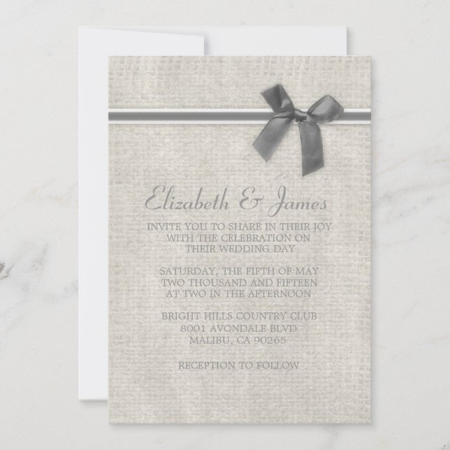 Argent Rustique Burlap Invitations de mariage (Devant)