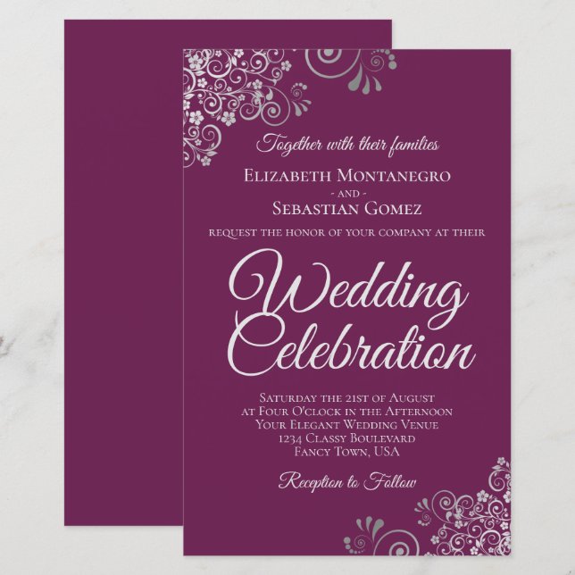 Argent sur Magenta BUDGET Mariage Inviter grand (Devant / Derrière)