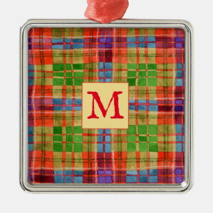 Argenté MAC RAE TARTAN Carré en verre ornement + initial