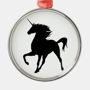 Argenté Ornement rond Silhouette Unicorne Noire