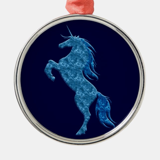 Argenté Ornement rond Unicorne de feu bleu (Devant)