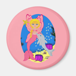 Ariel the Pink Merfaery and Dolphin Round Magnet