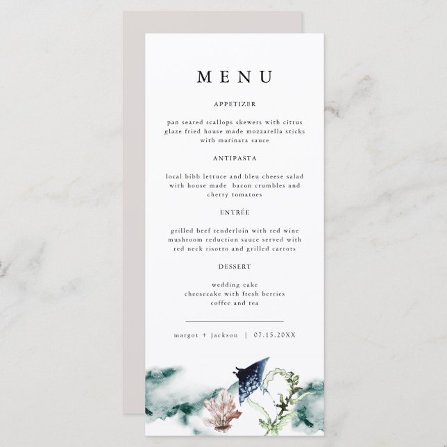 ARIEL Tropical Ocean Coral Manta Ray Beach Menu (Devant / Derrière)