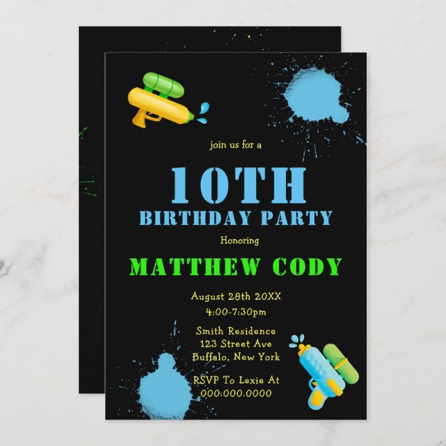 Arme à eau Splash Boy 10e anniversaire Invitations (Devant / Derrière)