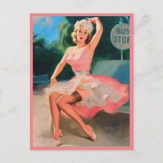 ARRÊT DE BUS - Vintage pin carte postale fille