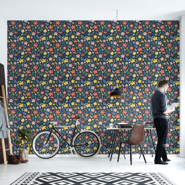 Arrière - plan bleu avec papier peint de fleurs tr (Salon)