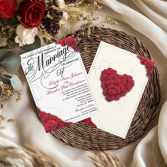 Arrière - plan changeable Red Roses Faire-part de  (Elegant Red Rose Script Wedding Invitation)