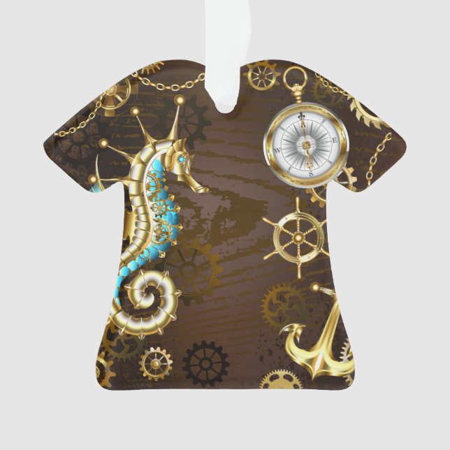 Arrière - plan en bois avec cheval de mer mécaniqu (devant)