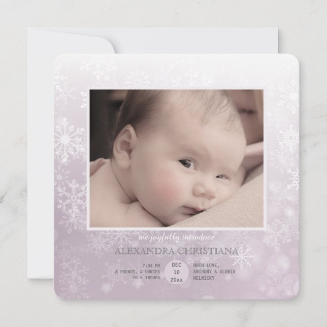 Arrivée d'hiver Sq Rose. Faire-part de naissance p (Devant)