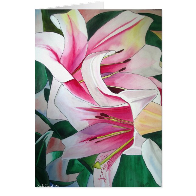 Art aquarelle de fleur de jour lys blanche et rose (Devant)