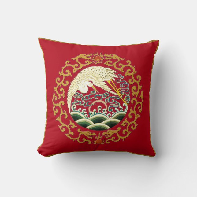 Art asiatique d'oiseau sur le coussin rouge-foncé (Recto)