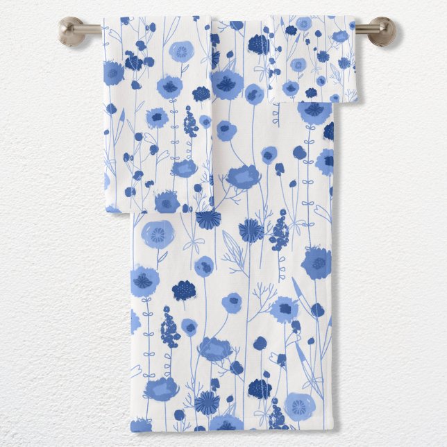 Art botanique de fleurs sauvages bleu blanc (Blue and white wildflower art bathroom towel set)