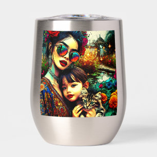 Art coloré Maman et fille Jardin de fleurs asiatiq