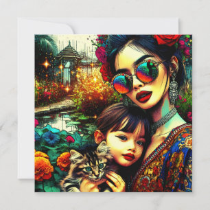 Art Coloré Maman et Fille Jardin de Fleurs Asiatiq