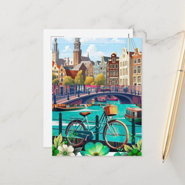 Art de carte postale de voyage à Amsterdam, carte  (Devant/Arrière en situation)