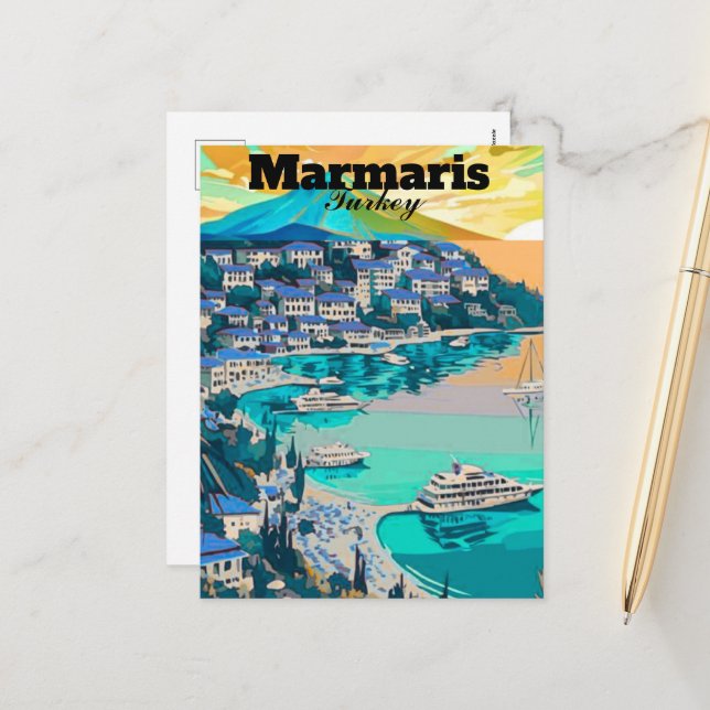 Art de carte postale de voyage à Marmaris, Marmari (Devant/Arrière en situation)