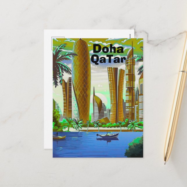 Art de carte postale de voyage de Doha, Skyline de (Devant/Arrière en situation)