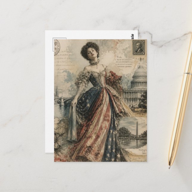 Art de carte postale patriotique de femme américai (Devant/Arrière en situation)