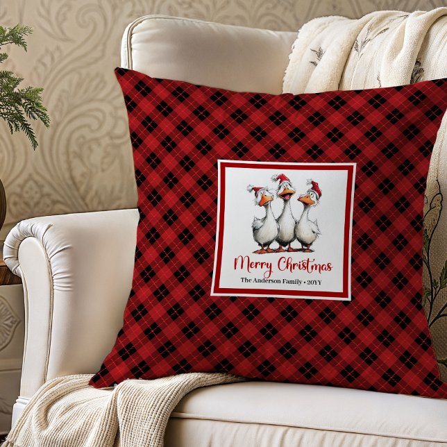 Art de Coussin de Lancer de Cartoon d'Oie Fantaisi (Christmas Quirky Goose Cartoon Throw Pillow Art)