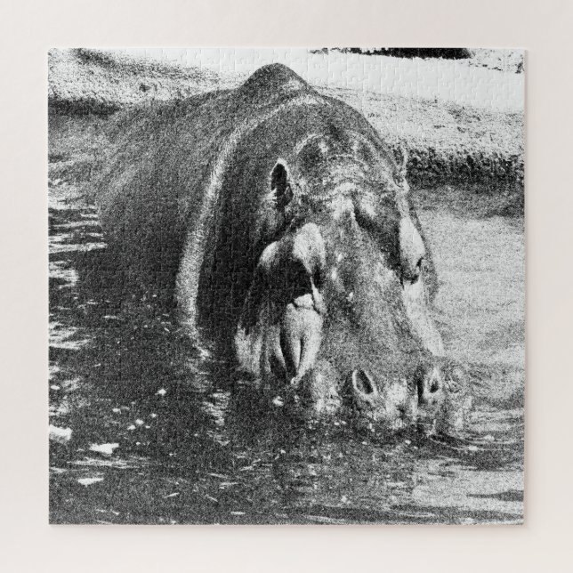 Art de hippopotame noir et blanc granuleux, puzzle (Vertical)