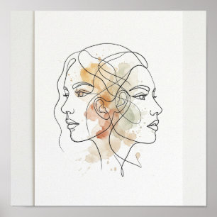 Art de ligne abstrait Deux visages Affiche carrée