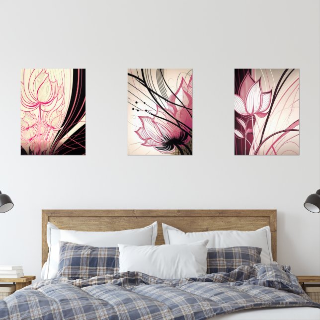 Art de mur rose et noir - Ensemble de 3 impression (Chambre à coucher)