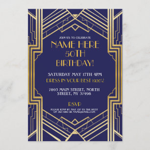 Art déco 1920's Birthday Invitation Gatsby Gold Pa