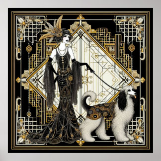 Art Déco Années 1920 Elégante Dame & Chien