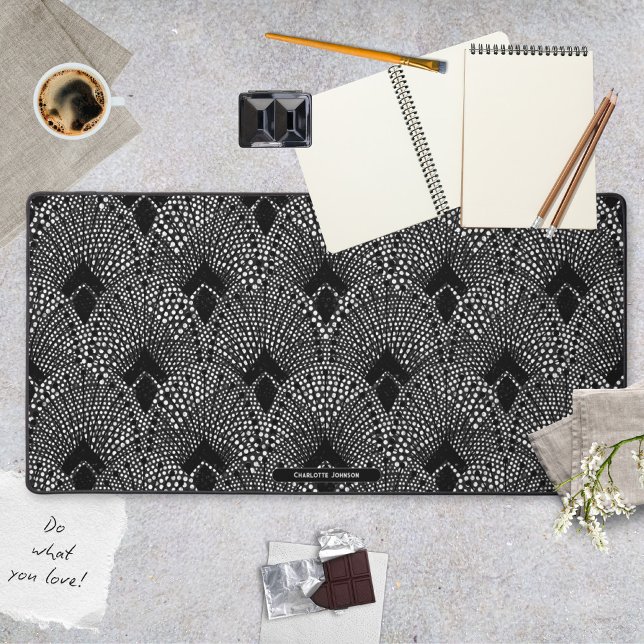 Art Déco Antracite Noir Blanc Peacock Motif (Art Deco Antracite Black White Peacock Pattern Desk Mat ©Susanne Sachers - Sunny Mind 🌞)