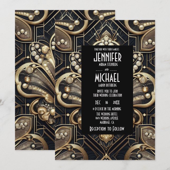 Art Deco Black & Gold Diamond Wedding Invitations (Devant / Derrière)