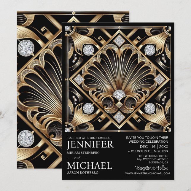 Art Deco Black & Gold Diamond Wedding Invitations  (Devant / Derrière)
