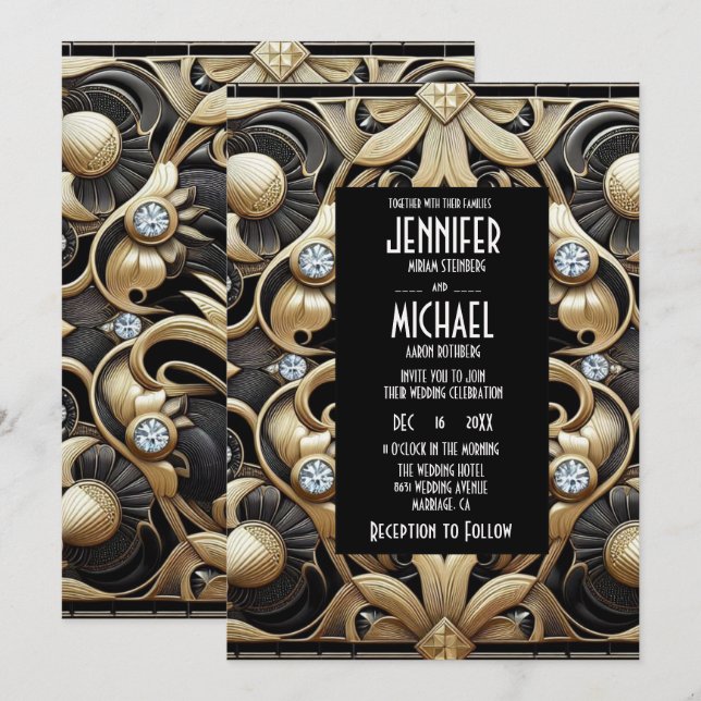 Art Deco Black & Gold Diamond Wedding Invitations (Devant / Derrière)