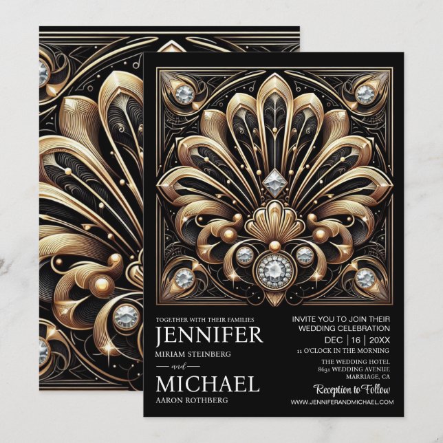 Art Deco Black & Gold Diamond Wedding Invitations  (Devant / Derrière)