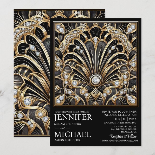 Art Deco Black & Gold Diamond Wedding Invitations  (Devant / Derrière)