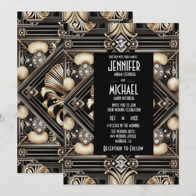 Art Deco Black & Gold Diamond Wedding Invitations (Devant / Derrière)