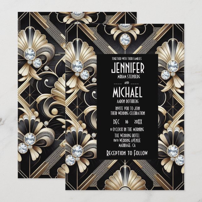 Art Deco Black & Gold Diamond Wedding Invitations (Devant / Derrière)