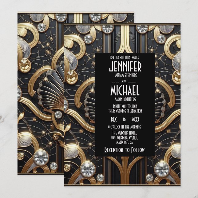Art Deco Black & Gold Diamond Wedding Invitations (Devant / Derrière)