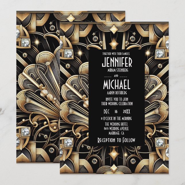 Art Deco Black & Gold Diamond Wedding Invitations (Devant / Derrière)