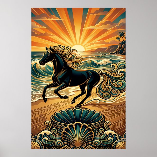 Art Deco Black Stallion Beach Waves Sunset Poster (Devant)