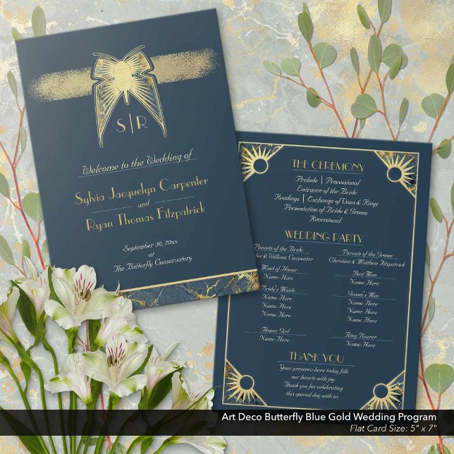 Art Déco Butterfly Blue Gold Wedding Programme (Art Deco Butterfly Navy Blue and Antique Gold Wedding Ceremony Program: 5" x 7" Flat Card)