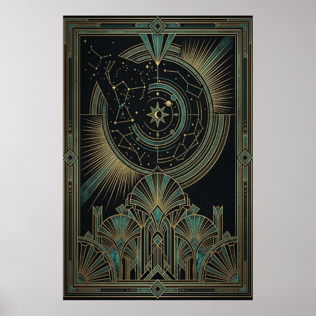 Art Deco Celestial Astrolabe Poster | Gold Teal (Devant)