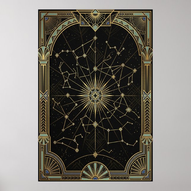 Art Deco Celestial Star Chart Poster | Gold Teal  (Devant)