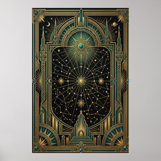Art Deco Celestial Star Map Poster | Gold Teal (Devant)